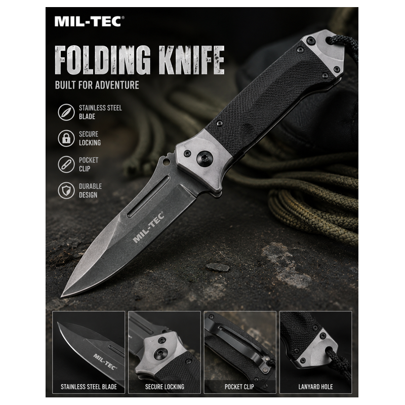 Mil-Tec DA35 Foldekniv BLK | Taktisk Lommekniv med 440A Tanto-blad