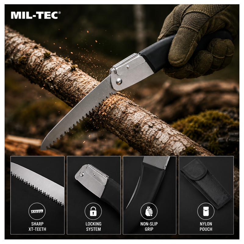 Mil-Tec Foldesav Sort | Kompakt Outdoor Sav med XT-Tænder