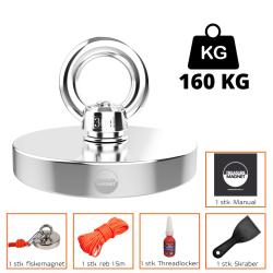 Fiskemagnet | Magnetfiskeri - 160KG fiskemagnet m. reb, lim og manual